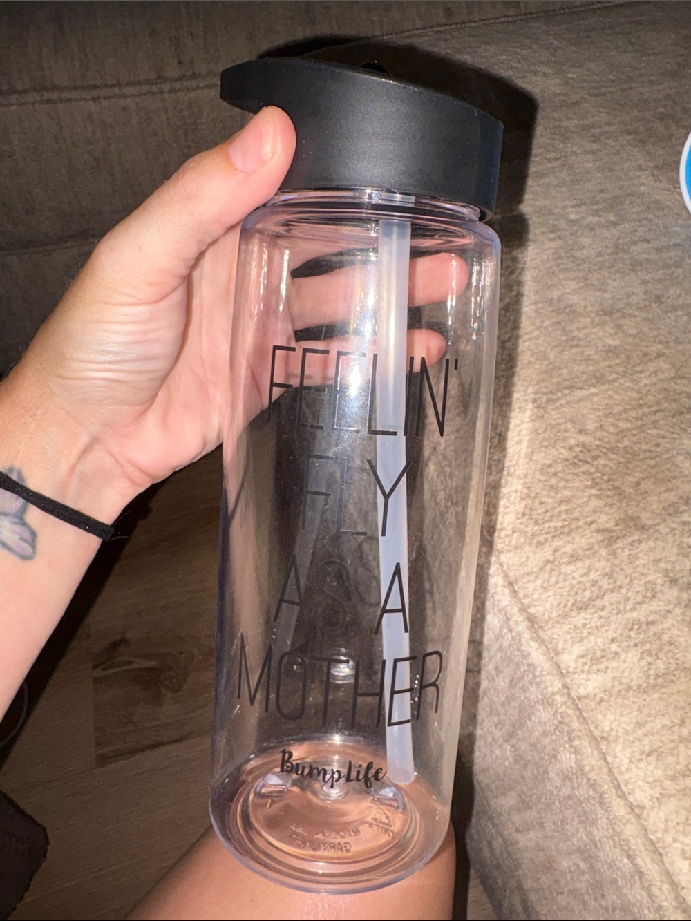 3/$15! Clear Water Bottle with Black Lid and Straw - "Feelin' Fly As A Mother"